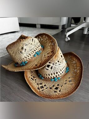 SUN N SAND Turquoise Beaded Straw Cowboy Hats x 2 - Natural